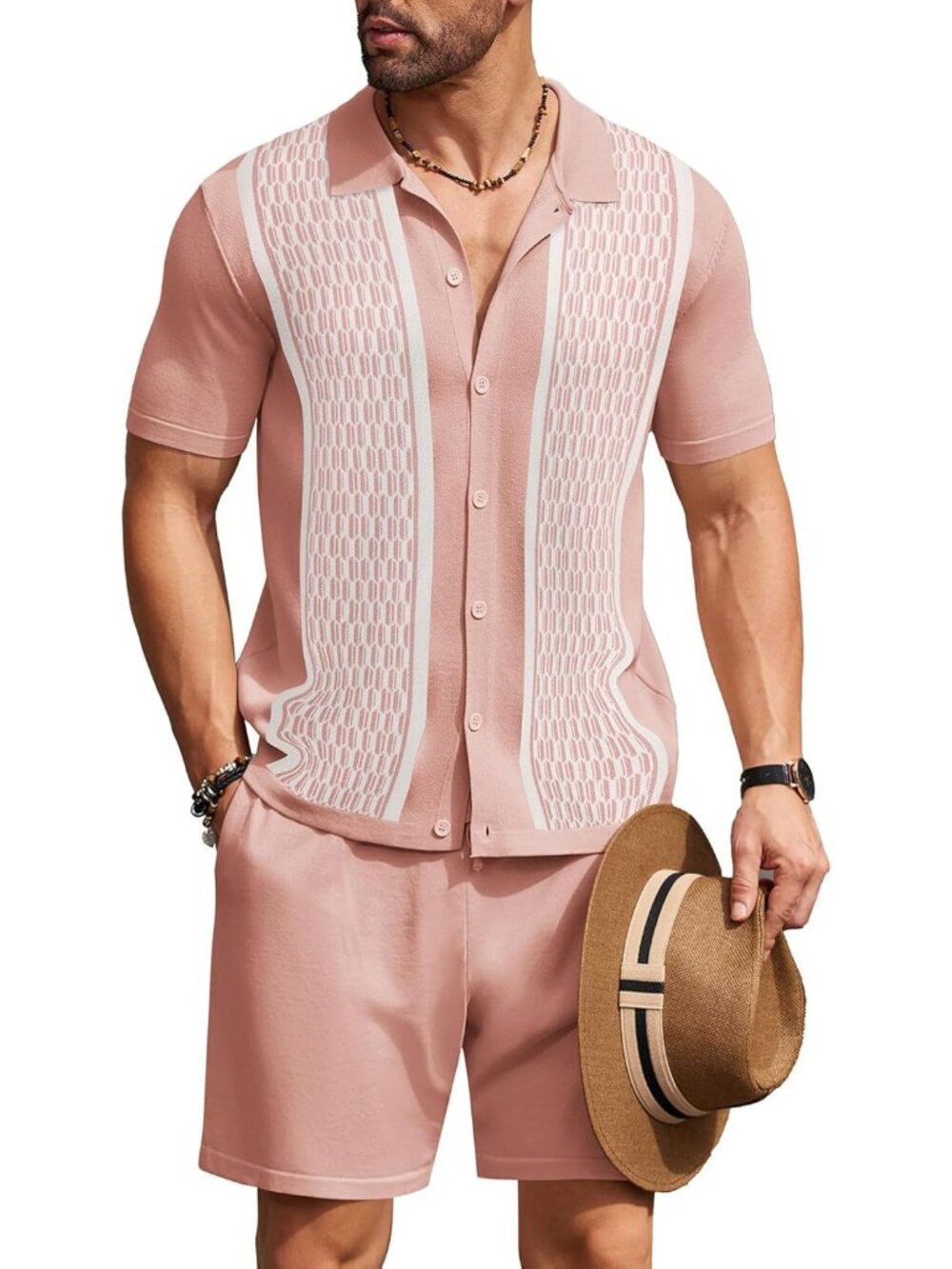 Coofandy Men's Pink Vintage Short Sleeve Button Down Knit Polo Shirts